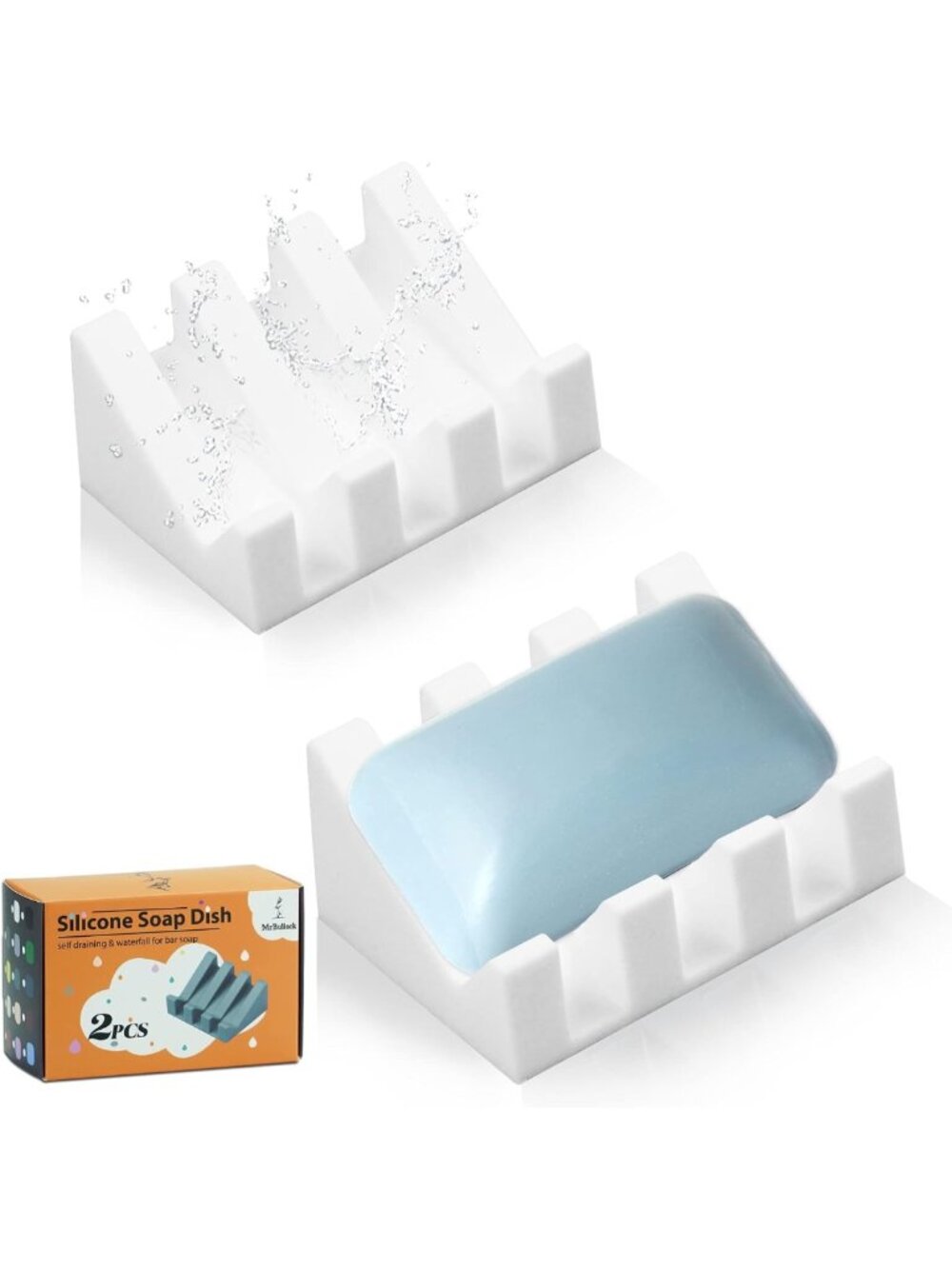 Set of 2 Self-Draining Silicone Soap Dish Holders - Waterfall Design, White